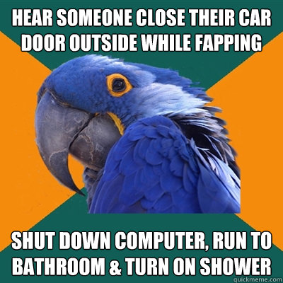 hear someone close their car door outside while fapping shut down computer, run to bathroom & turn on shower
  Paranoid Parrot