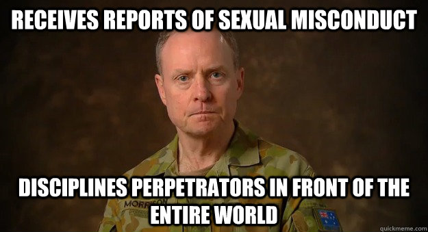 receives reports of sexual misconduct  disciplines perpetrators in front of the entire world  