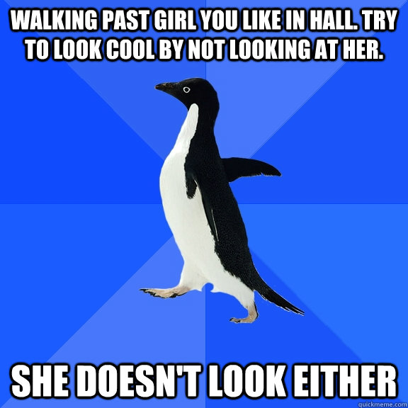Walking past girl you like in hall. try to look cool by not looking at her. she doesn't look either  Socially Awkward Penguin