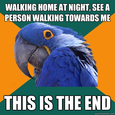 walking home at night, see a person walking towards me this is the end  Paranoid Parrot