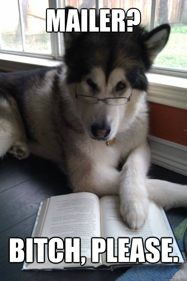 MAILER?
   BITCH, PLEASE.  Condescending Literary Pun Dog
