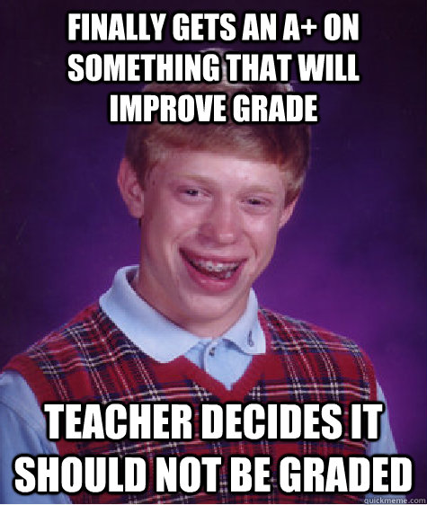 Finally gets an A+ on something that will improve grade Teacher decides it should Not be graded  Bad Luck Brian