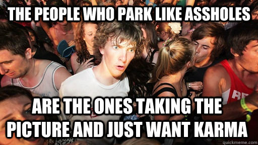 The people who park like assholes  are the ones taking the picture and just want karma  Sudden Clarity Clarence