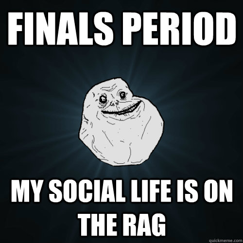 Finals period my social life is on the rag  Forever Alone