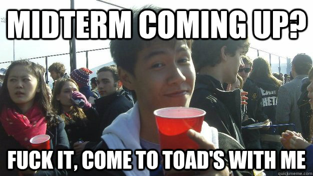 midterm coming up? fuck it, come to toad's with me  