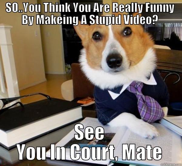 SO..YOU THINK YOU ARE REALLY FUNNY BY MAKEING A STUPID VIDEO? SEE YOU IN COURT, MATE Lawyer Dog