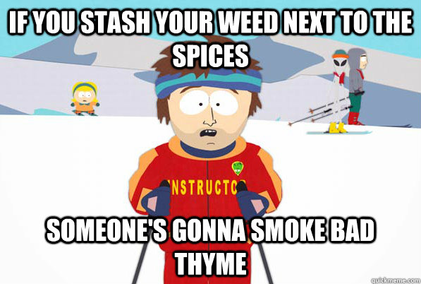 If you stash your weed next to the spices someone's gonna smoke bad thyme - If you stash your weed next to the spices someone's gonna smoke bad thyme  Bad Time Ski Instructor
