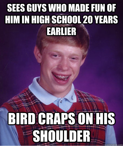 SEES GUYS WHO MADE FUN OF HIM IN HIGH SCHOOL 20 YEARS EARLIER BIRD CRAPS ON HIS SHOULDER  Bad Luck Brian