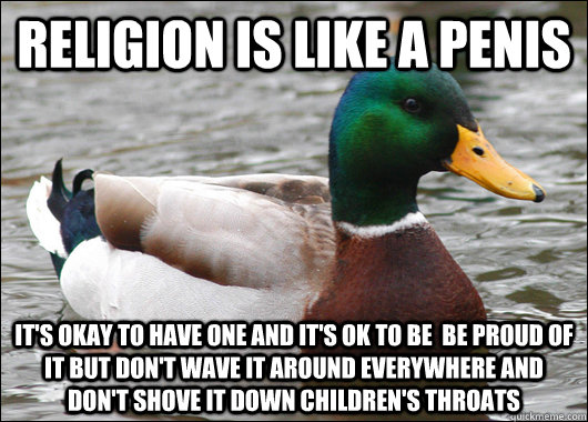 religion is like a penis it's okay to have one and it's ok to be  be proud of it but don't wave it around everywhere and don't shove it down children's throats - religion is like a penis it's okay to have one and it's ok to be  be proud of it but don't wave it around everywhere and don't shove it down children's throats  Actual Advice Mallard