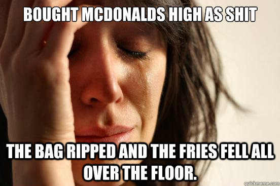 Bought mcdonalds high as shit The bag ripped and the fries fell all over the floor.  First World Problems