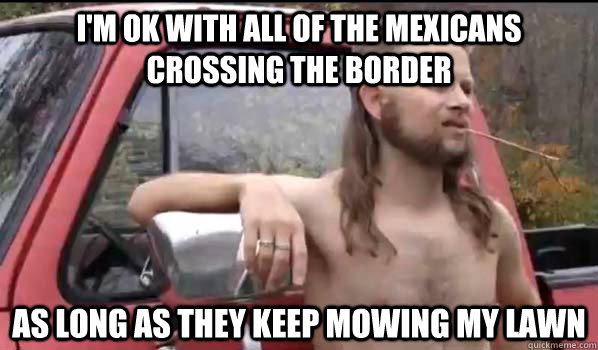 I'm ok with all of the mexicans crossing the border as long as they keep mowing my lawn  Almost Politically Correct Redneck