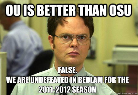 OU is better than OSU False.
we are undefeated in bedlam for the 2011-2012 season - OU is better than OSU False.
we are undefeated in bedlam for the 2011-2012 season  Schrute