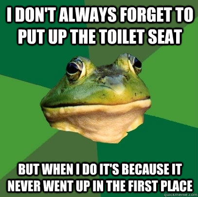 I don't always forget to put up the toilet seat But when i do it's because it never went up in the first place  Foul Bachelor Frog