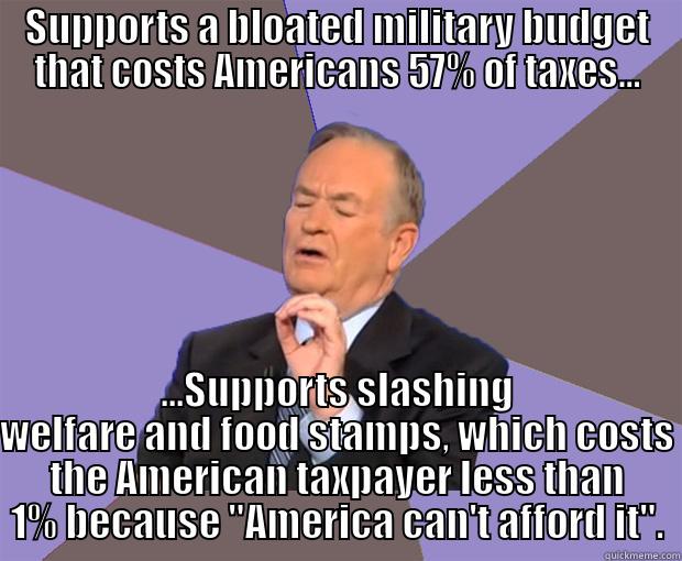 Classic deflection - SUPPORTS A BLOATED MILITARY BUDGET THAT COSTS AMERICANS 57% OF TAXES... ...SUPPORTS SLASHING WELFARE AND FOOD STAMPS, WHICH COSTS THE AMERICAN TAXPAYER LESS THAN 1% BECAUSE 