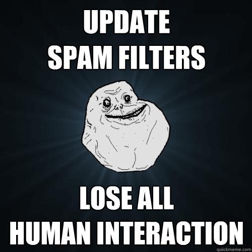 update 
spam filters lose all 
human interaction  Forever Alone