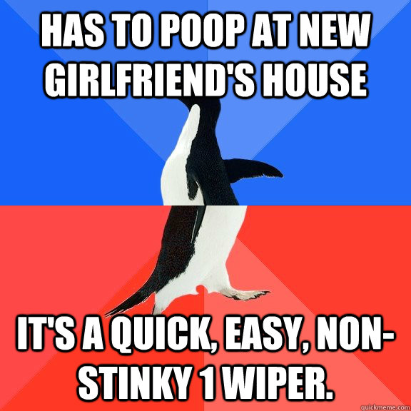 Has to poop at new girlfriend's house It's a quick, easy, non-stinky 1 wiper.   Socially Awkward Awesome Penguin
