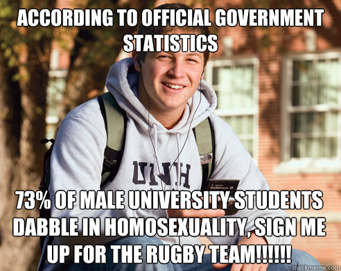 According to official government statistics 73% of male university students dabble in homosexuality, sign me up for the rugby team!!!!!!  College Freshman