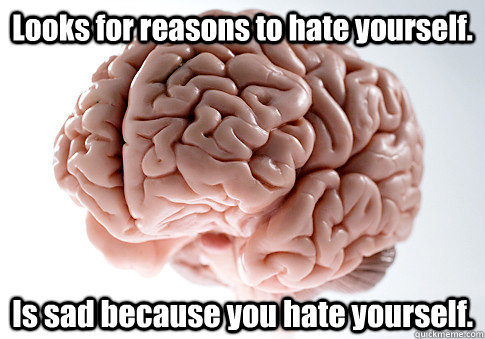 Looks for reasons to hate yourself. Is sad because you hate yourself. - Looks for reasons to hate yourself. Is sad because you hate yourself.  Scumbag Brain