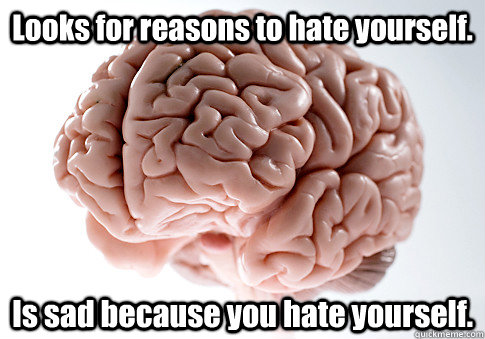Looks for reasons to hate yourself. Is sad because you hate yourself.  Scumbag Brain