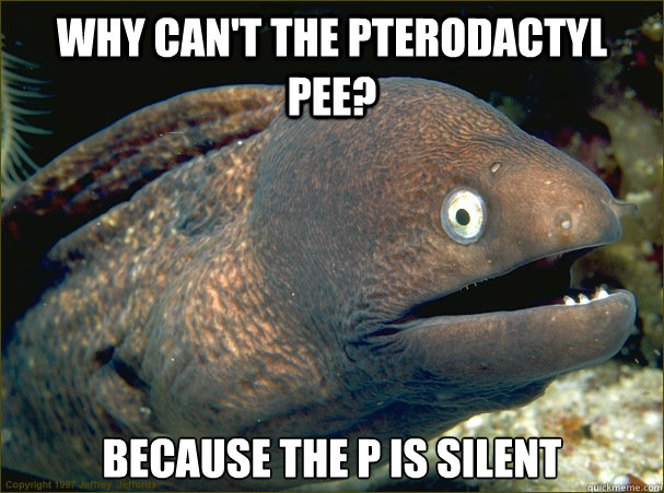 Why can't the pterodactyl pee? Because the p is silent  Bad Joke Eel
