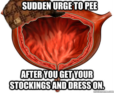 sudden urge to pee after you get your stockings and dress on. - sudden urge to pee after you get your stockings and dress on.  Scumbag Bladder