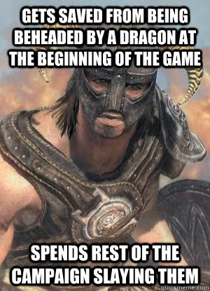 gets saved from being beheaded by a dragon at the beginning of the game spends rest of the campaign slaying them  Scumbag low lvl Dovahkiin