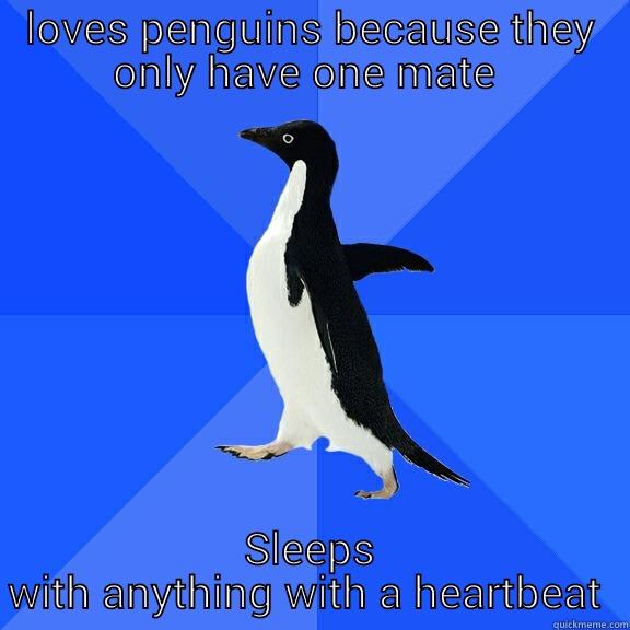 LOVES PENGUINS BECAUSE THEY ONLY HAVE ONE MATE  SLEEPS WITH ANYTHING WITH A HEARTBEAT  Socially Awkward Penguin