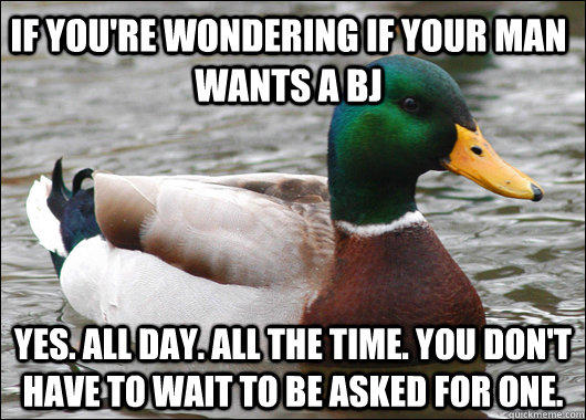 If you're wondering if your man wants a BJ Yes. All day. All the time. You don't have to wait to be asked for one.  Actual Advice Mallard