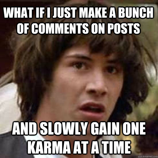 what if i just make a bunch of comments on posts and slowly gain one karma at a time - what if i just make a bunch of comments on posts and slowly gain one karma at a time  conspiracy keanu