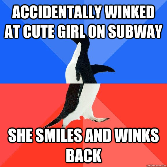 Accidentally winked at cute girl on subway she smiles and winks back  Socially Awkward Awesome Penguin