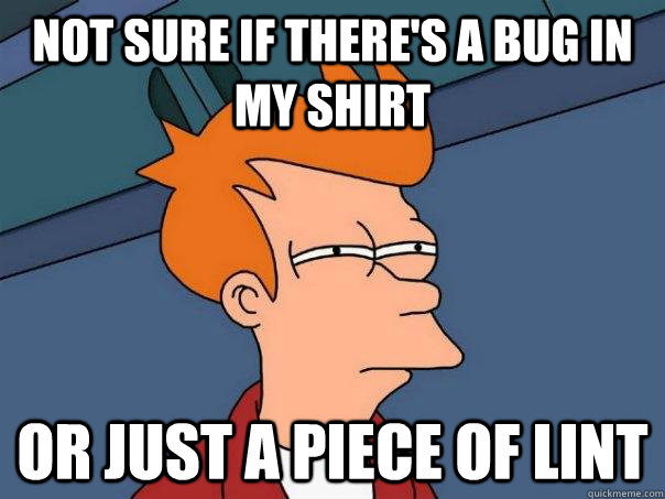 not sure if there's a bug in my shirt Or just a piece of lint  Futurama Fry