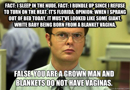 Fact: I sleep in the nude. Fact: I bundle up since I refuse to turn on the heat. It's Florida. Opinion: When I sprang out of bed today, it must've looked like some giant, white baby being born from a blanket vagina. False. You are a grown man and blankets - Fact: I sleep in the nude. Fact: I bundle up since I refuse to turn on the heat. It's Florida. Opinion: When I sprang out of bed today, it must've looked like some giant, white baby being born from a blanket vagina. False. You are a grown man and blankets Dwight
