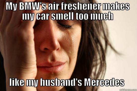 MY BMW'S AIR FRESHENER MAKES MY CAR SMELL TOO MUCH          LIKE MY HUSBAND'S MERCEDES       First World Problems