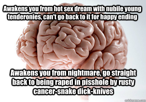 Awakens you from hot sex dream with nubile young tenderonies, can't go back to it for happy ending Awakens you from nightmare, go straight back to being raped in pisshole by rusty cancer-snake dick-knives  Scumbag Brain