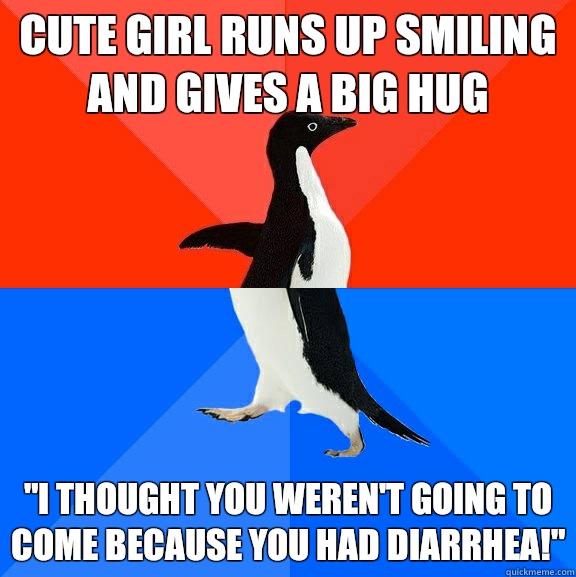 Cute girl runs up smiling and gives a big hug 