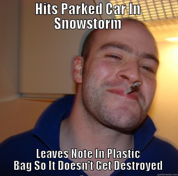 HITS PARKED CAR IN SNOWSTORM LEAVES NOTE IN PLASTIC BAG SO IT DOESN'T GET DESTROYED Good Guy Greg 