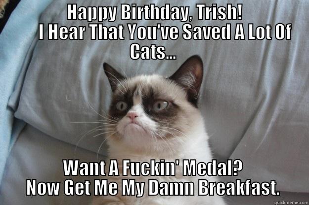                    HAPPY BIRTHDAY, TRISH!                          I HEAR THAT YOU'VE SAVED A LOT OF CATS... WANT A FUCKIN' MEDAL? NOW GET ME MY DAMN BREAKFAST. Grumpy Cat