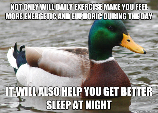 Not only will daily exercise make you feel more energetic and euphoric during the day It will also help you get better sleep at night  Actual Advice Mallard