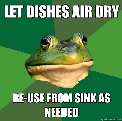 let dishes air dry re-use from sink as needed  Foul Bachelor Frog