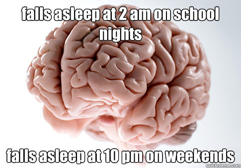 falls asleep at 2 am on school nights falls asleep at 10 pm on weekends   Scumbag Brain