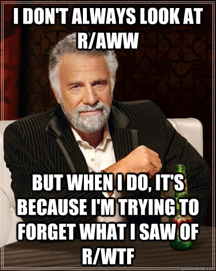 I don't always look at r/aww but when i do, it's because i'm trying to forget what i saw of r/wtf  The Most Interesting Man In The World