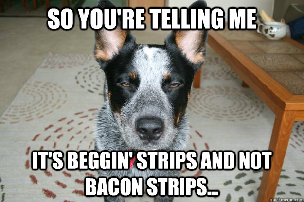 so you're telling me  it's beggin' strips and not bacon strips... - so you're telling me  it's beggin' strips and not bacon strips...  Misc