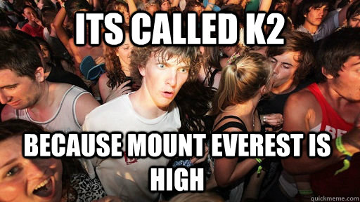 Its called K2 because mount everest is high  Sudden Clarity Clarence