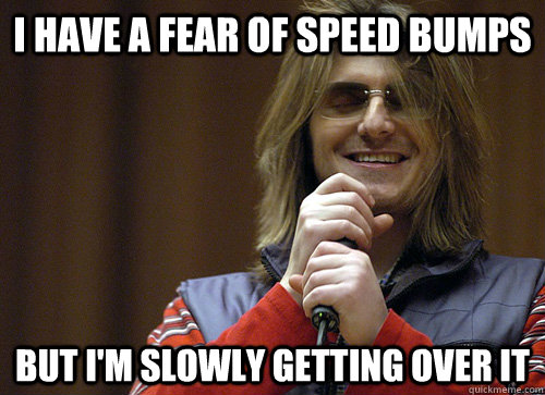 I HAVE A FEAR OF SPEED BUMPS BUT I'M SLOWLY GETTING OVER IT  Mitch Hedberg Meme