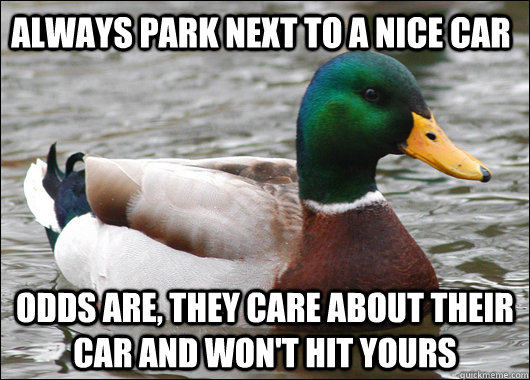 always park next to a nice car odds are, they care about their car and won't hit yours - always park next to a nice car odds are, they care about their car and won't hit yours  Actual Advice Mallard
