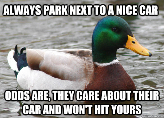 always park next to a nice car odds are, they care about their car and won't hit yours  Actual Advice Mallard