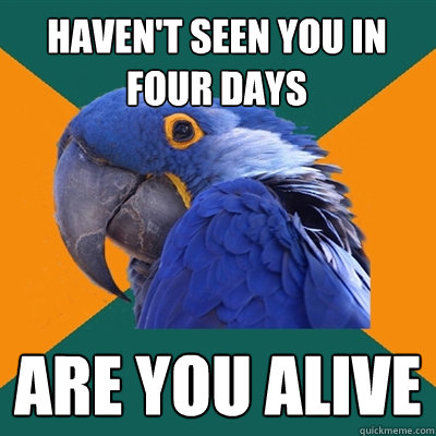 haven't seen you in four days are you alive  Paranoid Parrot