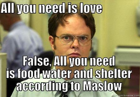 ALL YOU NEED IS LOVE                 FALSE, ALL YOU NEED IS FOOD WATER AND SHELTER ACCORDING TO MASLOW Schrute