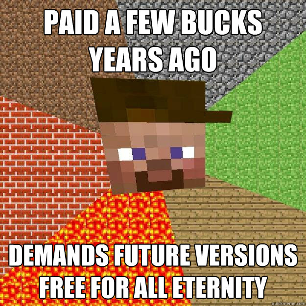 Paid a few bucks years ago Demands future versions free for all eternity  