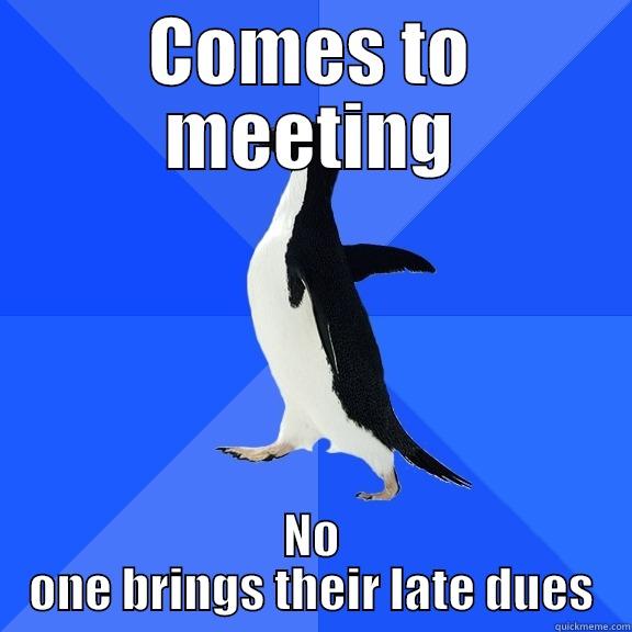 COMES TO MEETING NO ONE BRINGS THEIR LATE DUES Socially Awkward Penguin